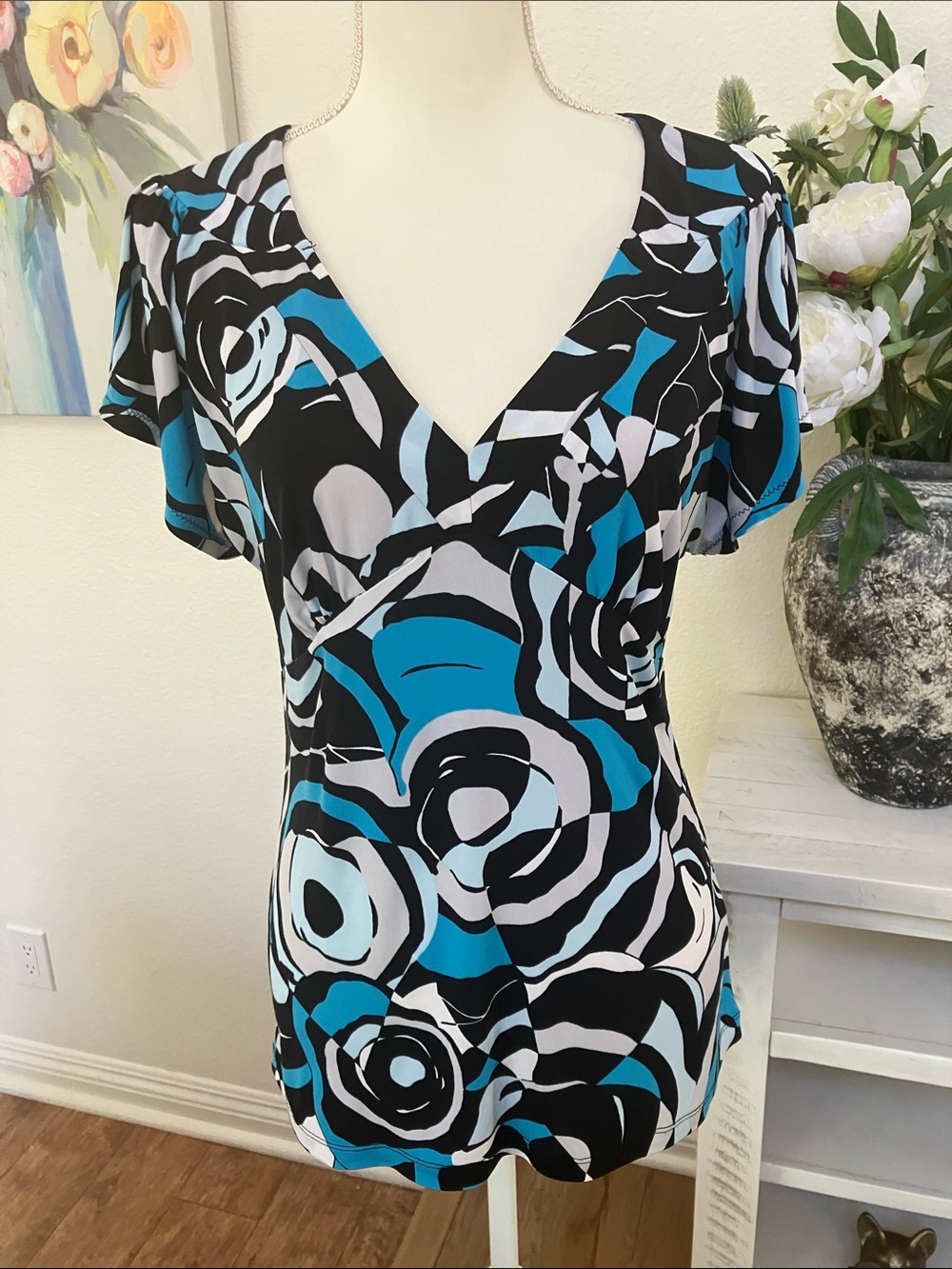 Y2k Worthington Blue Black White Abstract Floral V-Neck Blouse